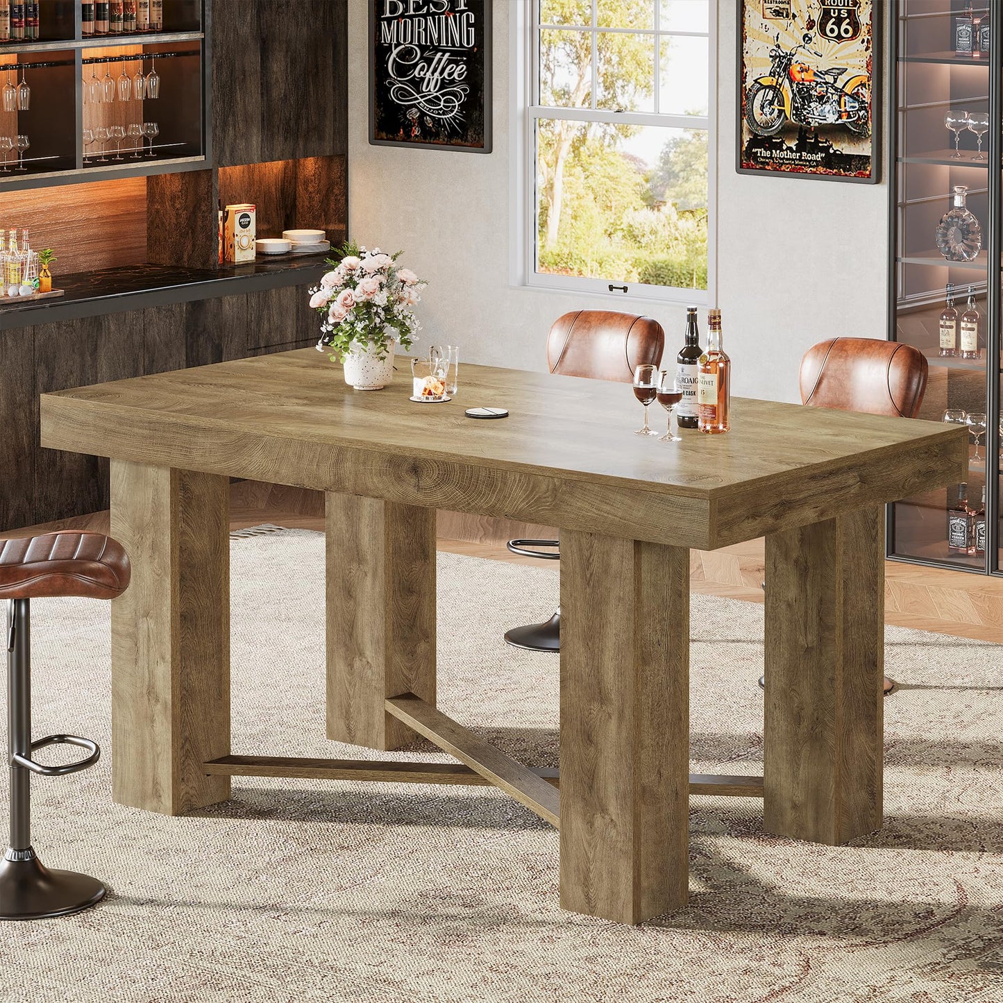 Tribesigns 55" Wooden Bar Table, Farmhouse Rectangular Counter Height Table, Modern Home Bar Furniture for Kitchen, Dining Room, Living Room, Pub, Bistro, Basement, Natural Wood