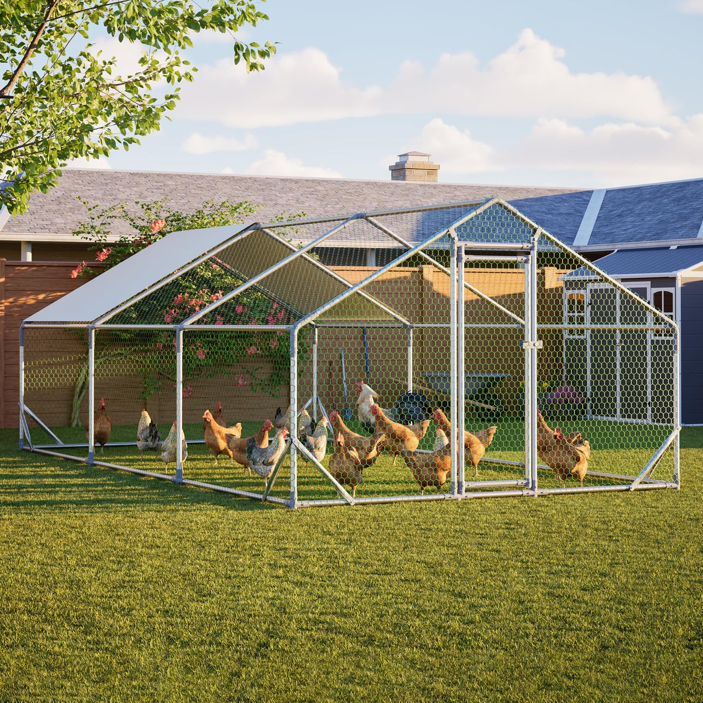 YOPTO Chicken Coop,10x20x6.56ft Large Metal Chicken Coop with Run,Walk in Chicken Run W/Removable Waterproof & Anti-Ultraviolet Cover,Chicken Pen W/Security Lock,Hen House Enclosure for Farm,Yard