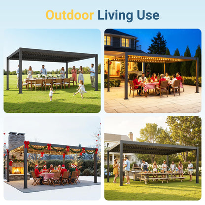 12' x 16' Louvered Pergola, Metal Outdoor Pergola with Adjustable Louvered Roof & Gutter System, Hardtop Patio Gazebo for Backyard, Deck, Garden, Dark Gray