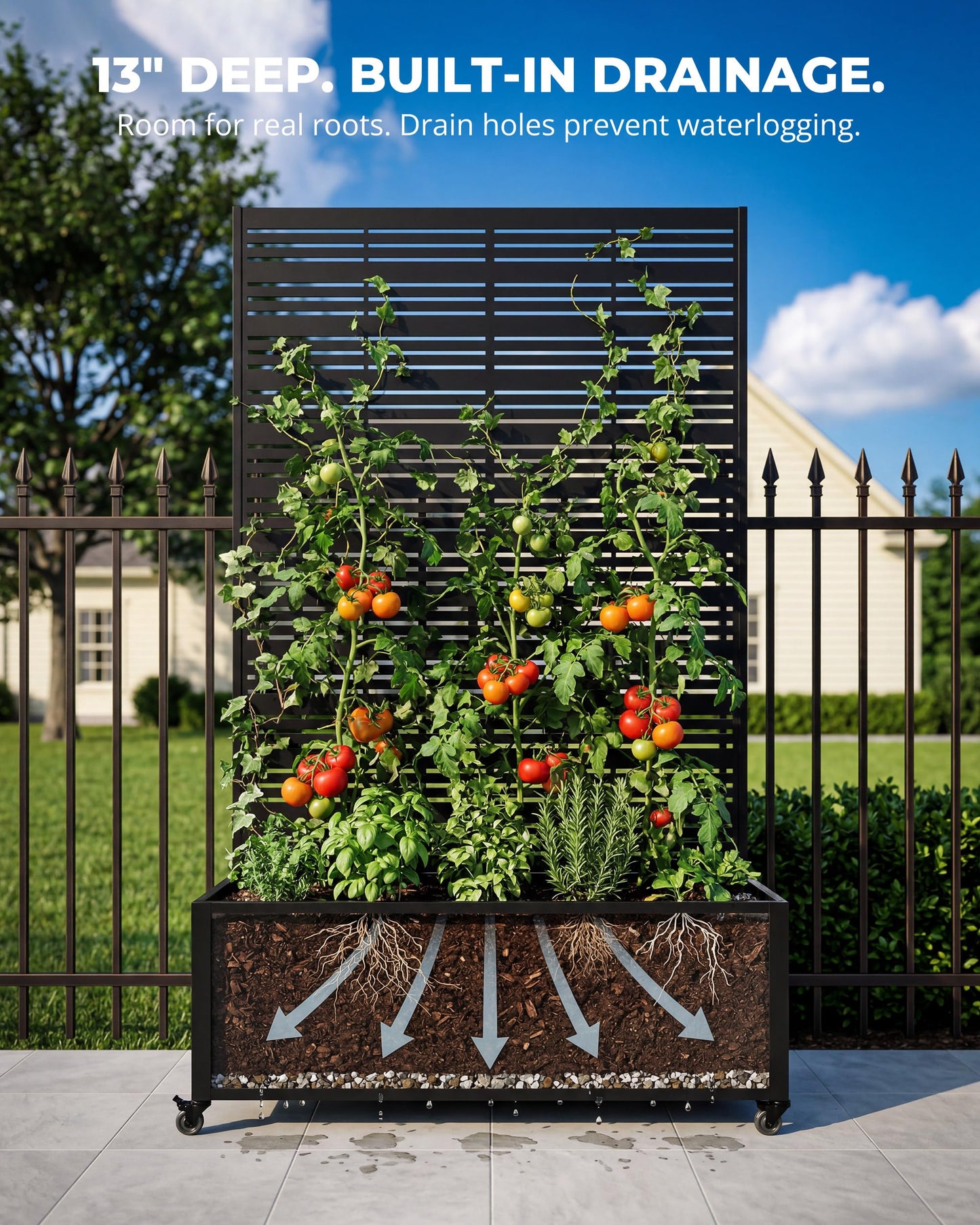 TinFrey 73" Tall Privacy Planters with Trellis, Freestanding Metal Planter Box with Trellis on Wheels, AC Unit Cover for Patio, Hide Trash Cans Pool Equipment, 5 Built-in Drainage Holes - Black
