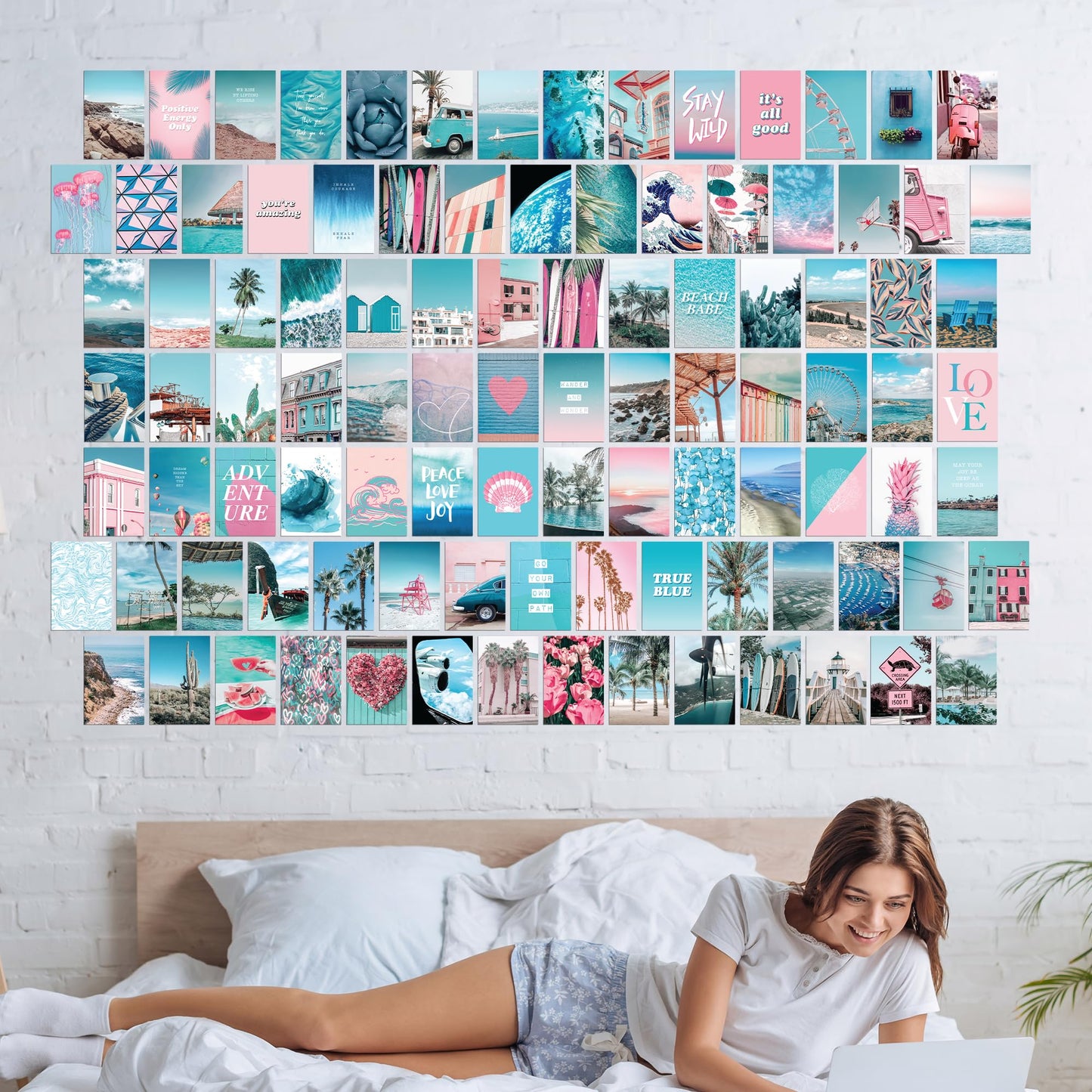 Blue Aesthetic Wall Collage Kit, 100 Set 4x6 inch, Pink VSCO Room Decor for Teen Girls, Summer Beach Wall Art Print, Dorm Photo Collection, Small Posters for Room Aesthetic…