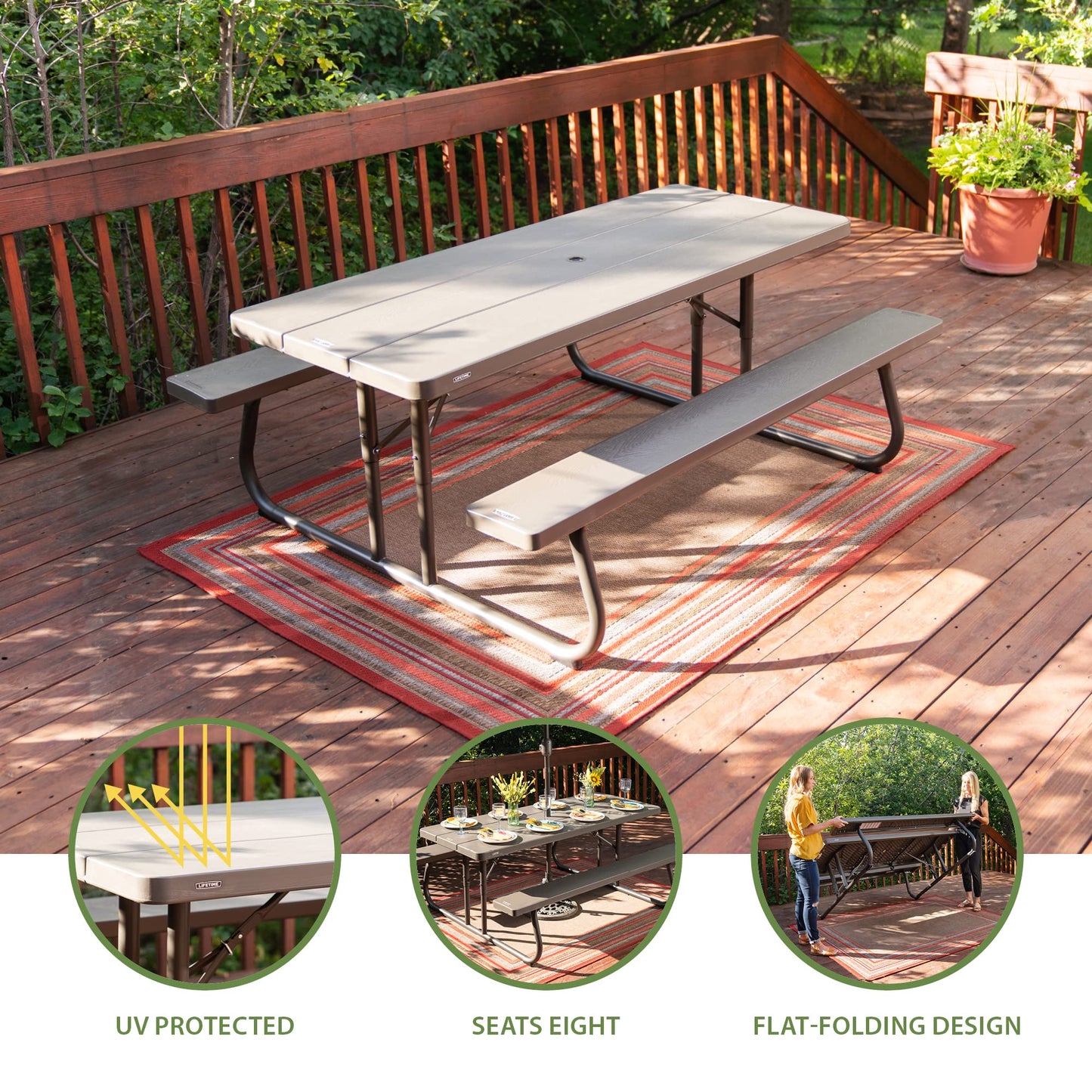 LIFETIME 6‑Foot Classic Folding Picnic Table, UV Protected Tabletop, Steel Frame, Seats 8, Weather & Rust Resistant, Flat Folding Outdoor Picnic Table with Umbrella Hole