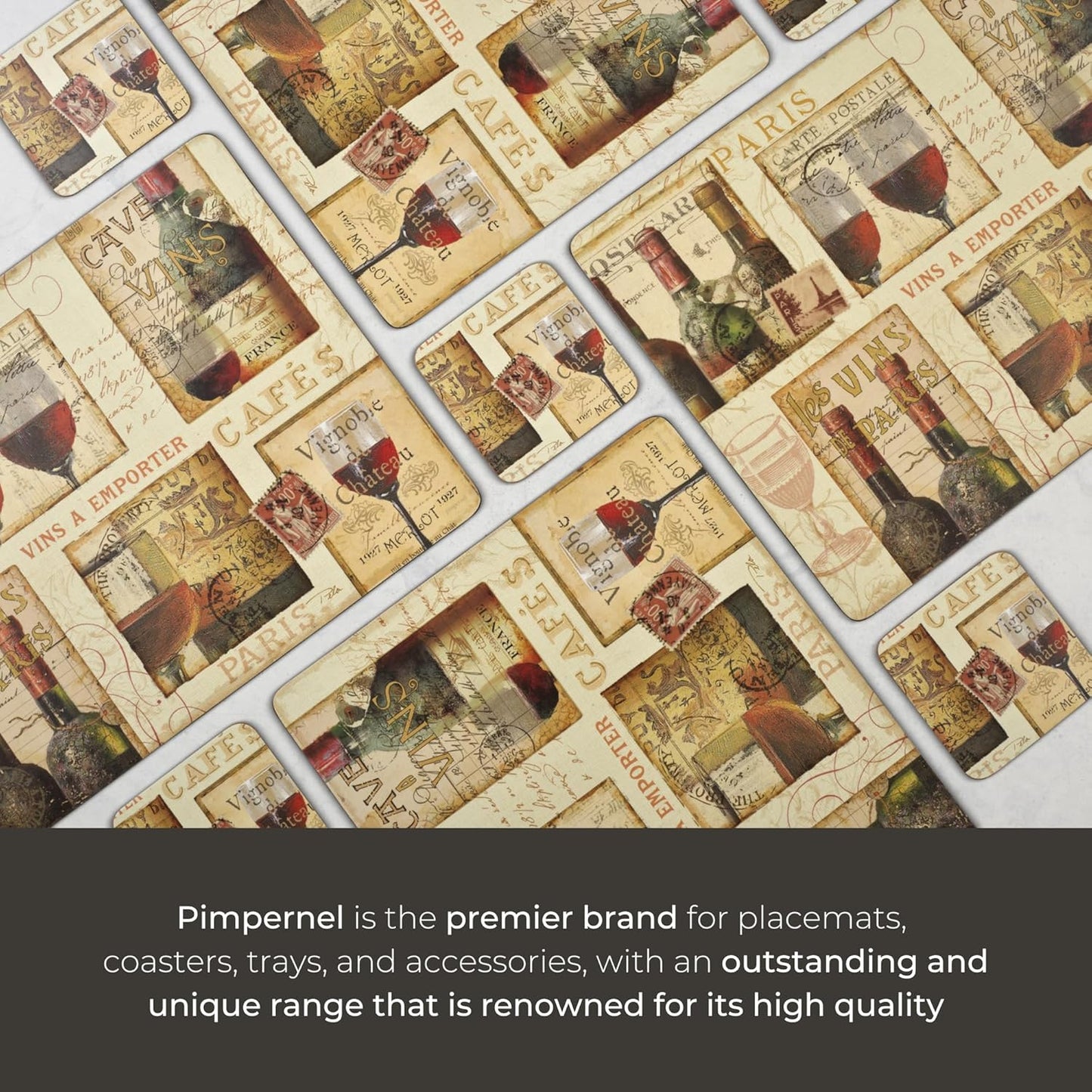 Pimpernel French Cellar Coasters - Set of 6 Rustic Wine Labels Cork-Backed Drink Coasters for Home Decor