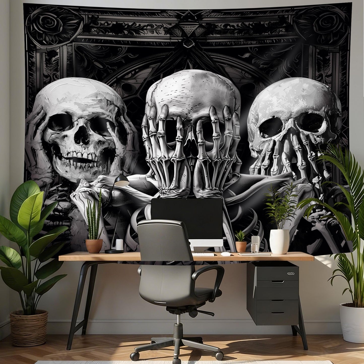 Mitpok Gothic Skull Tapestry Spooky Black Skeleton Goth Vinatge Witchy Funny Hilarious Cool Unique Wall Decor 59Hx78W Inch Halloween Wall Art Hanging Bedroom Living Room Dorm Wall Home Decor