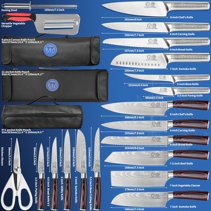 XYJ Kitchen Knife Set, Stainless Steel Fruit Steak Ham Fish Fillet Carving Slicing Chef Knife Set with Bag, Scissors, Sharpening Tool, Peeler, Vegetable Slicer, Gloves