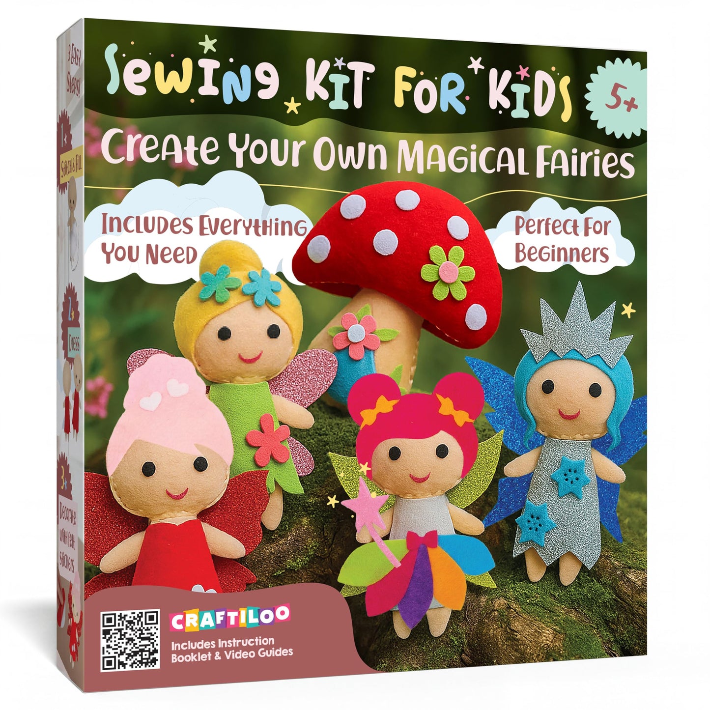 CRAFTILOO Fairy Sewing Kit for Kids Ages 5-12 – Beginner Sewing Kit with 5 Pre-Cut Felt Projects – Make Your Own Stuffed Animal Plush Dolls – Fun Girls Craft Kit, Learn to Sew Gift for Kids