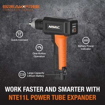 NAVAC NTE11L Power Tubing Expander - Soft or Annealed Copper Swaging Tool - Battery-Operated - One-Button Operation - Quick Connect Expander Heads