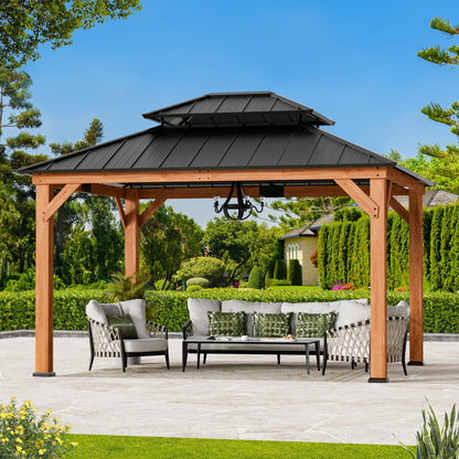 Modern Shade Rosewood Wood Gazebo 10' x 12', Hardtop Gazebo Permanent with Double Galvanized Steel Roof, Cedar Outdoor Gazebo with Sturdy Hooks for Garden, Backyard, Patio, and Deck