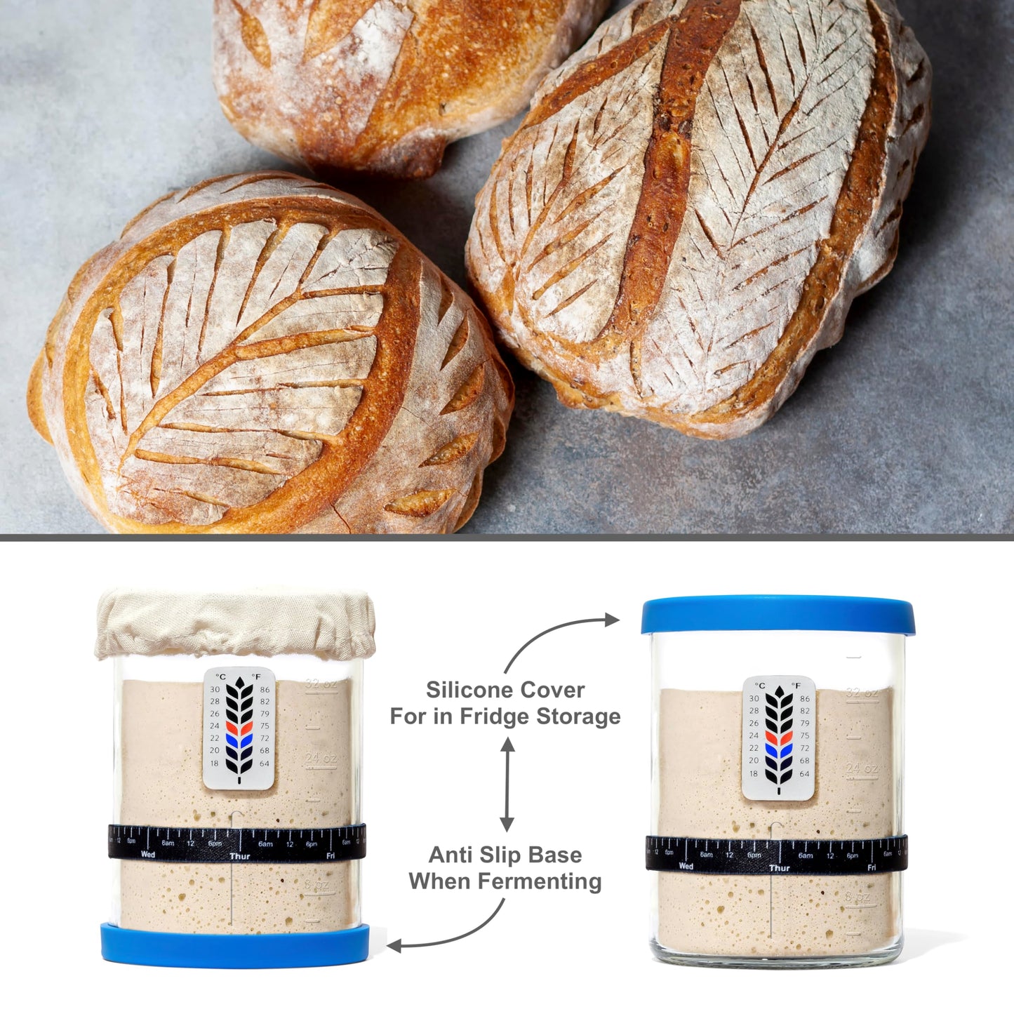 Premium Sourdough Starter Jar - 40oz Large Sourdough Jar with Marked Feeding Band, Thermometer, Scraper, Cloth Cover and Silicone Lid/Base, Wide Mouth Starter Kit - Blue