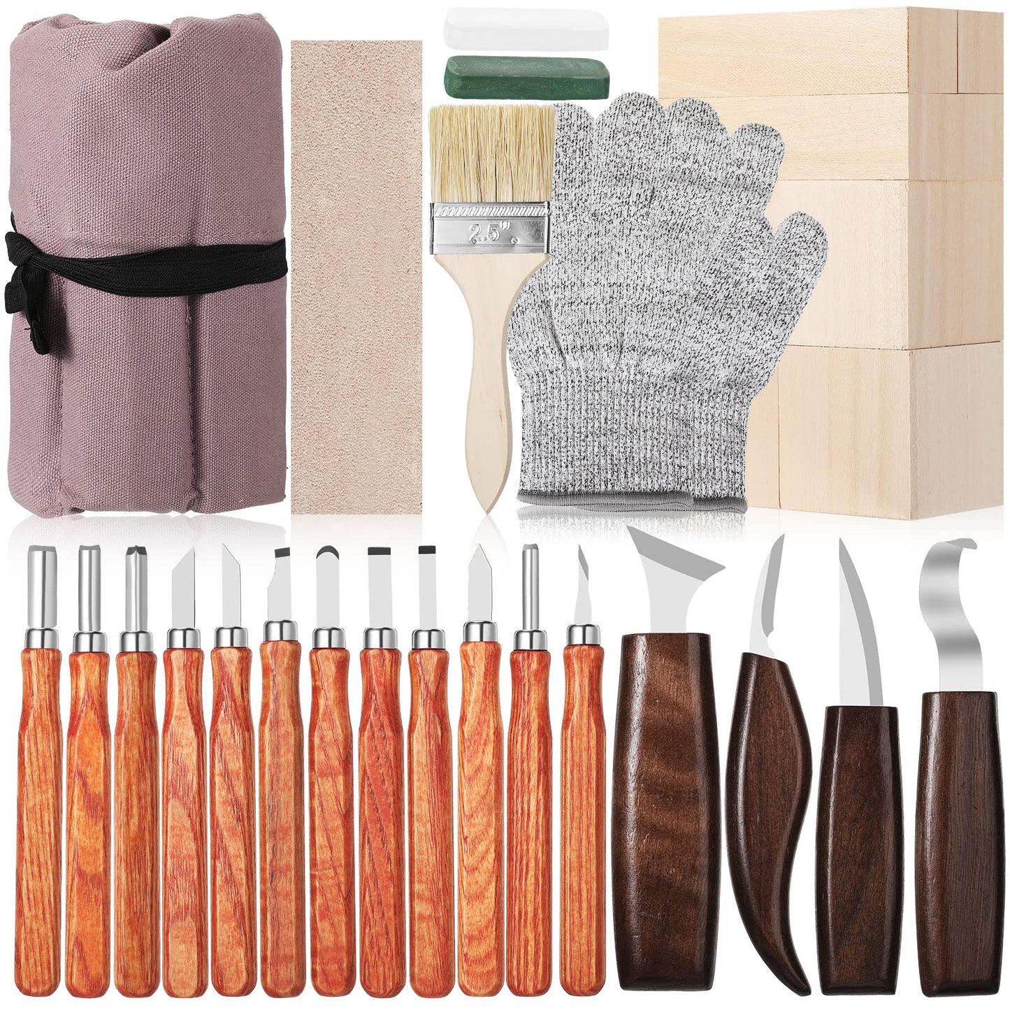 30 Pcs Wood Carving Tools Whittling Kit Include Hand Carving Knife Set Wood Blocks Cut Resistant Gloves Sawdust Brush Sharpening Stone Polishing Wax Sharpening Leather Storage Bag for Beginners