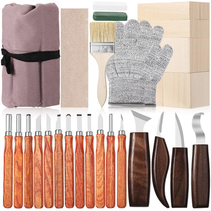 30 Pcs Wood Carving Tools Whittling Kit Include Hand Carving Knife Set Wood Blocks Cut Resistant Gloves Sawdust Brush Sharpening Stone Polishing Wax Sharpening Leather Storage Bag for Beginners