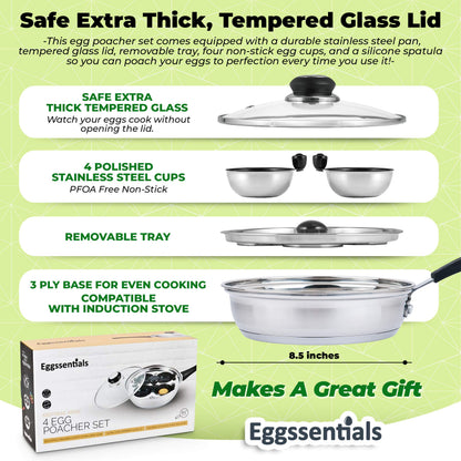 Egg Poacher - Eggssentials Poached Egg Maker, Stainless Steel Egg Poaching Pan, Poached Eggs Cooker Food Grade Safe PFOA Free with Spatula.