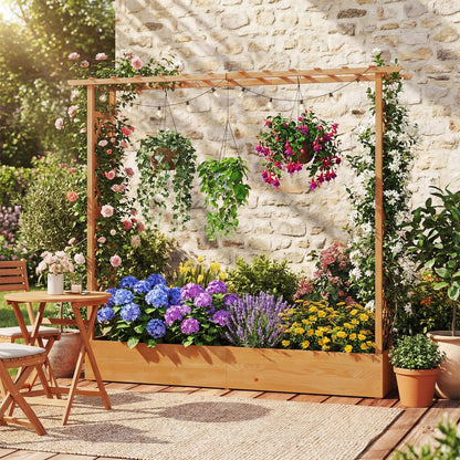 HAPPYGRILL Raised Garden Bed with Trellis, Freestanding Wood Planter Box w/Hanging Roof & Drainage Holes for Vine, Climbing Plants, Flowers, Outdoor Planter with Trellis for Garden, Patio, Yard (2)