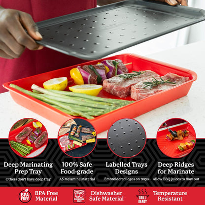 BLAZIN' GRILL Prep and Serve Trays, Set of 2 Stackable Melamine Trays for Serving and Marinating Food, BBQ Prep Tub