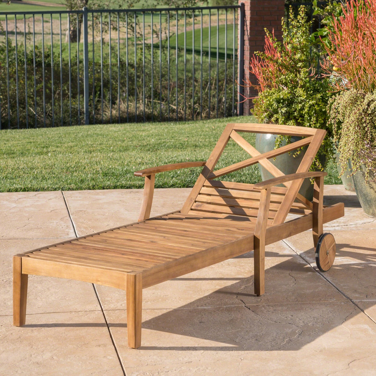 Merax Outdoor Chaise Lounge with Wheels & 5-Position Adjustable Backrest, Acacia Wood Pool Lounge Chairs Patio Loveseat Sun Tanning Chair, 79"x30"x22", Teak