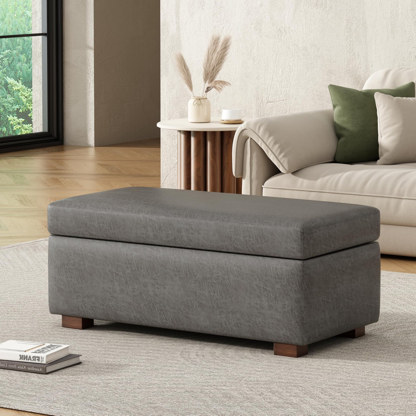Christopher Knight Home Kaisa Rectangle Storage Ottoman, Wooden Frame Ottoman Bench with Large Seat for Living Room/Entryway, Comfy Seating Experience with Dense Foam Padding, Dark Grey
