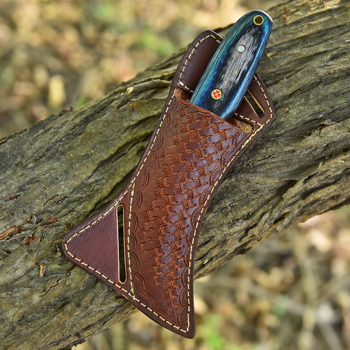 Trade Scorpio Handmade 1095 high Carbon Steel Lineman Hawkbill knife- Wire Skinnning Knives- With Pancake Leather Sheath- Fixed Blade Knife- electrician knife (Blue & black Wood)