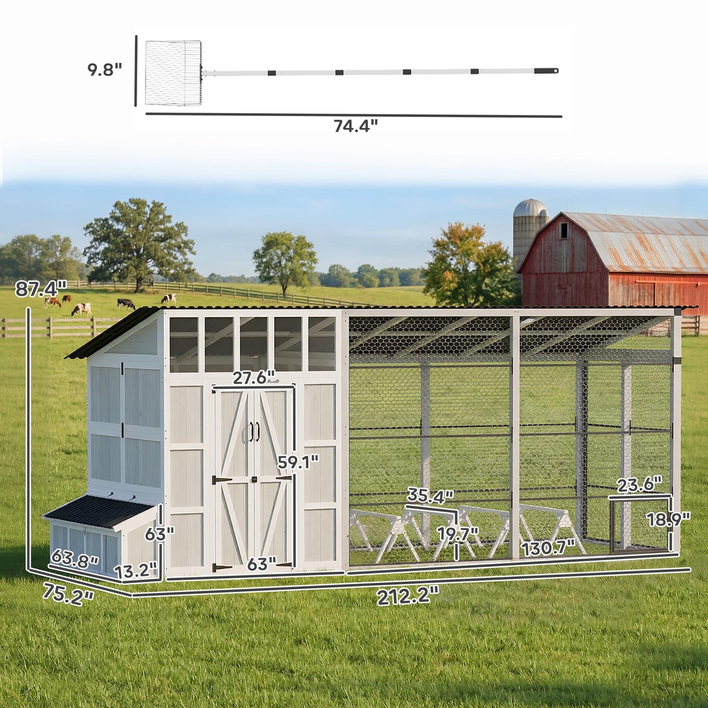 PawHut 212" L Large Chicken Coop for 10-15 Hens, Walk-in Outdoor Chicken House with Shovel, Run, Nesting Box, Weatherproof Roof, Perches, Wooden Hen House Poultry Cage for Ducks, Rabbits