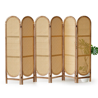 Aletheiawu Arched Rattan Room Divider 5.6 Ft Folding Privacy Screen, 6 Panel Freestanding Room Partition with Double Hinges, Lightweight Paulownia Wood Divider for Bedroom, Restaurant, Office, Natural