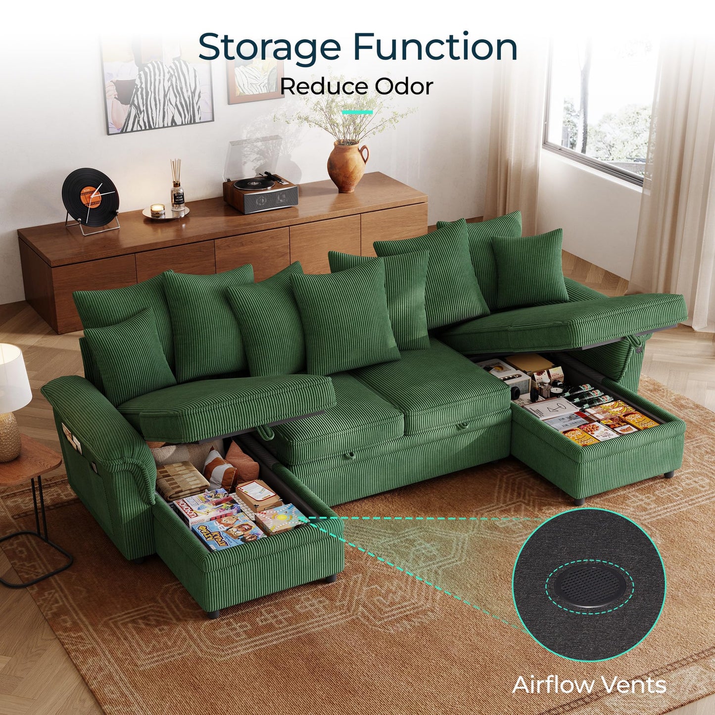 LINSY HOME Oversized Sectional Sleeper Sofa with Pull Out Couch Bed (Green, 118.5'')