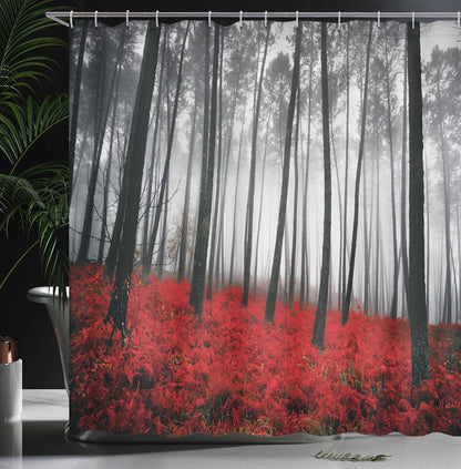 Ambesonne Forest Shower Curtain, Mystical Woodland Fog Trees Art Photography, 69" W x 70" L, Red Grey.