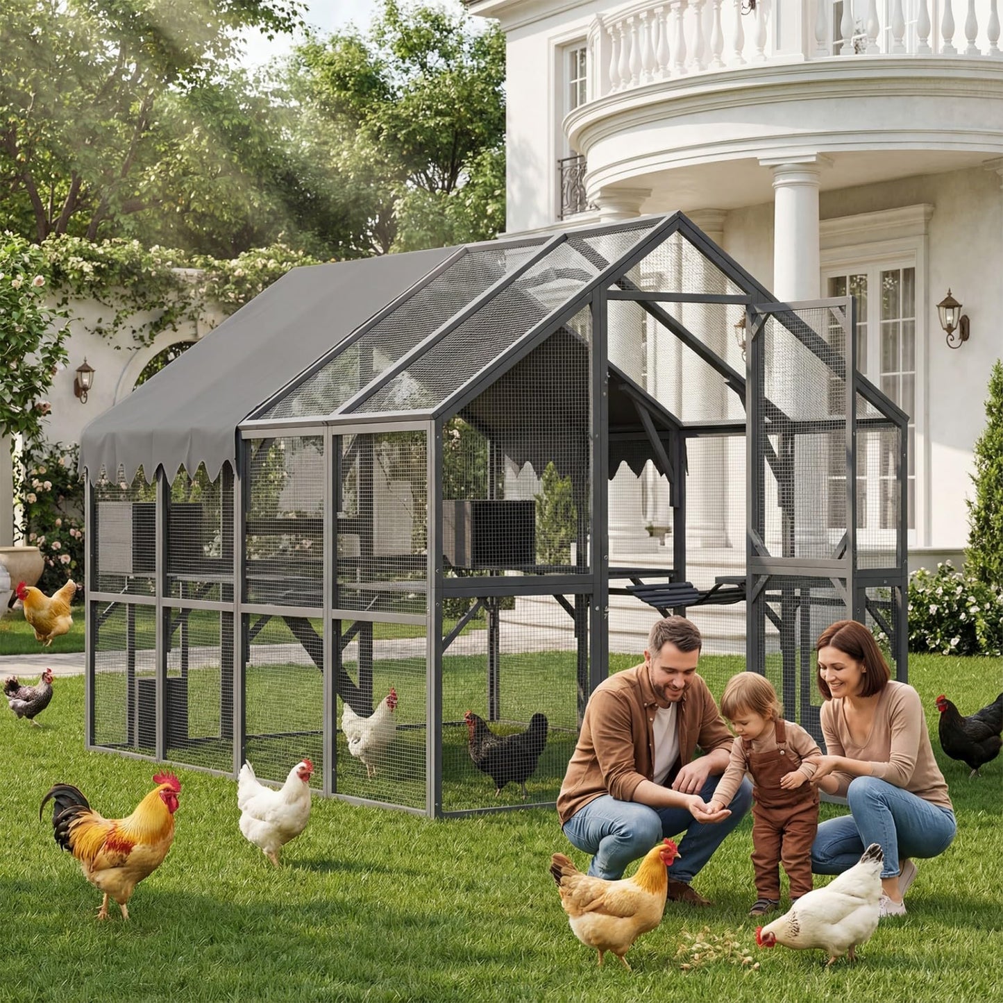 KEIKI 110"L Outdoor Large Chicken Coop with Waterproof Cover, Roosting Platform, Wire Mesh & 2 Lift Small Doors with Locks, Wood Chicken Coop House with Run for Cat Kitten Playpen, Duck, Rabbit, Quail