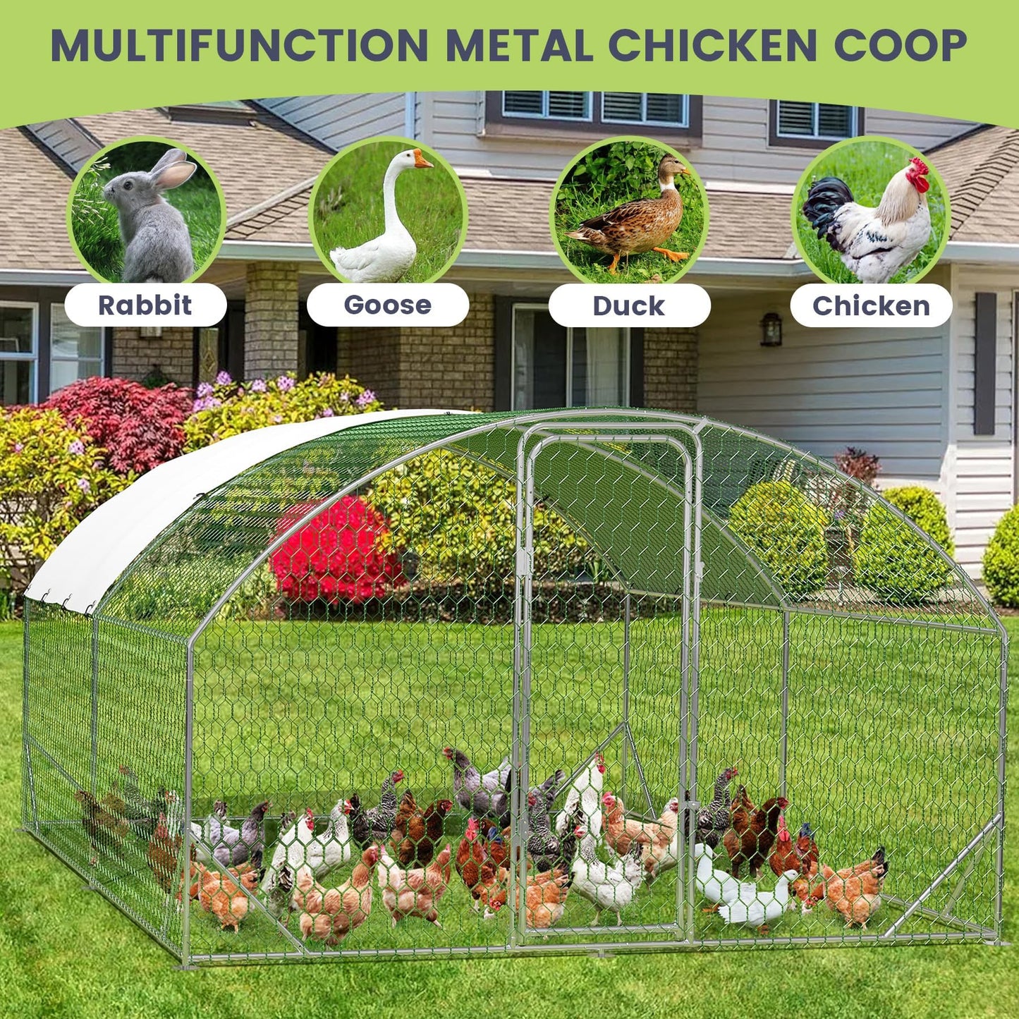 Large Metal Chicken Coop, Doom Roof Chicken Run for Yard, Walk-in Poultry Cage with Waterproof and Anti-UV Cover for Outdoor Backyard Farm (9.8x13.1x6.5FT)