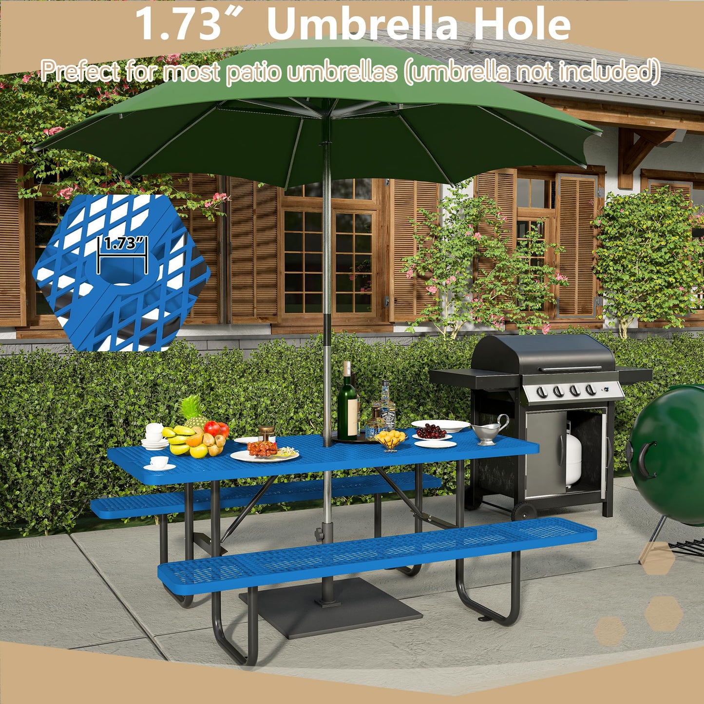 Dvasovio 72'' Rectangular Metal Picnic Table with 1.73" Umbrella Hole, Heavy Duty Steel Mesh Table Set, Weather Resistant Sturdy Outdoor Furniture, for Patio, Garden, Courtyard & BBQ, Blue