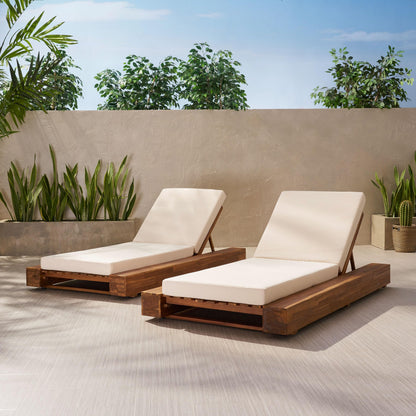 Christopher Knight Home Tory Acacia Wood Chaise Lounge Chair Outdoor Set of 2, Adjustable Backrest Sun Lounger Recliner, Patio Outdoor Chaise Lounge with 4" Thick Water-Resistant Cushions, Teak+Cream