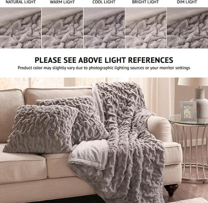 Set 2 50"x 60" Comfort Spaces Ruched Faux Fur Plush Throw Blanket and Pillow with Matching Square Pillow Covers Sofa