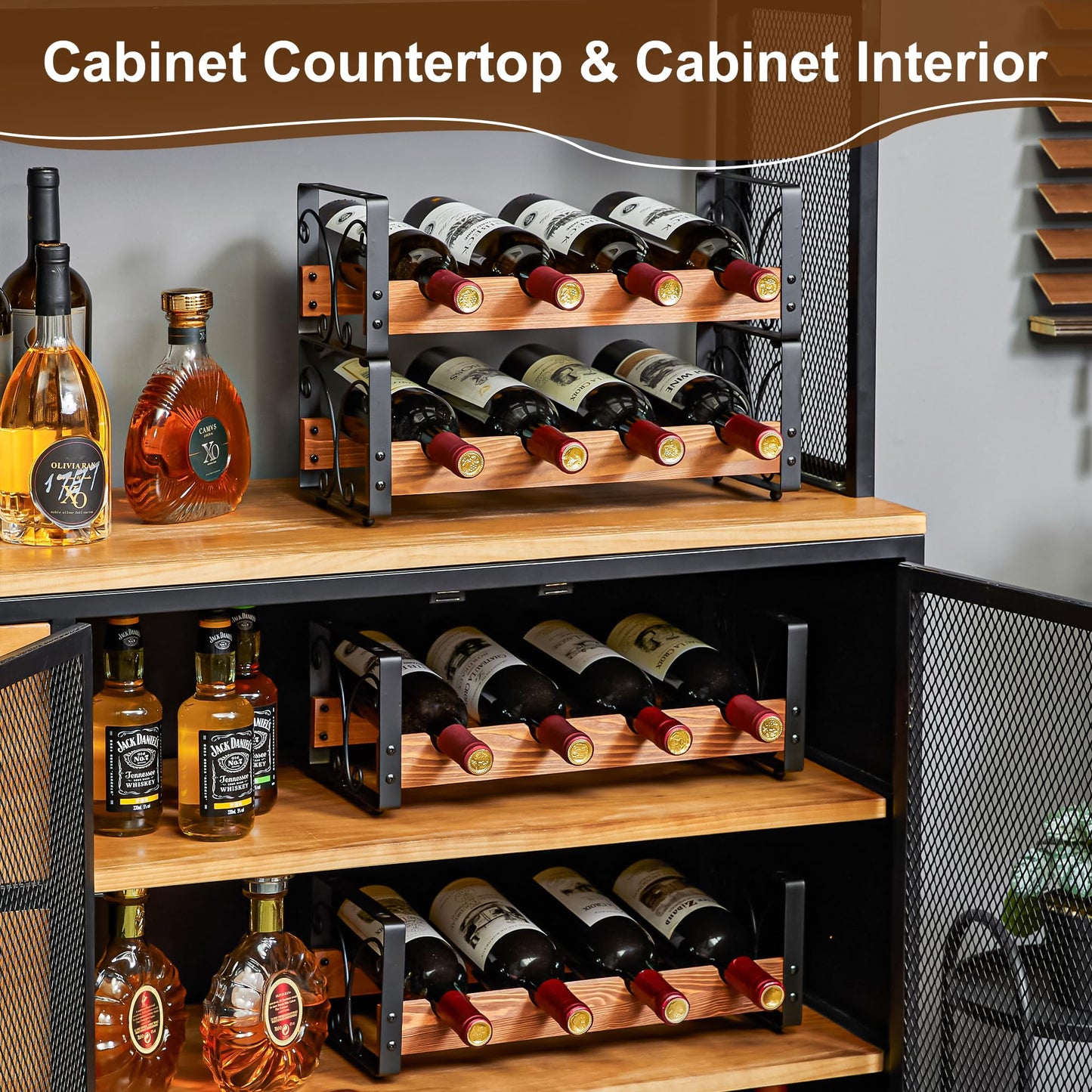 X-cosrack Wine Rack Freestanding Floor with Patent Design, Wooden & Metal Wine Bottle Holder, 4 Tier 16 Bottles Stackable Wine Storage Racks for Kitchen Counter or Bar, Wine Display Shelf