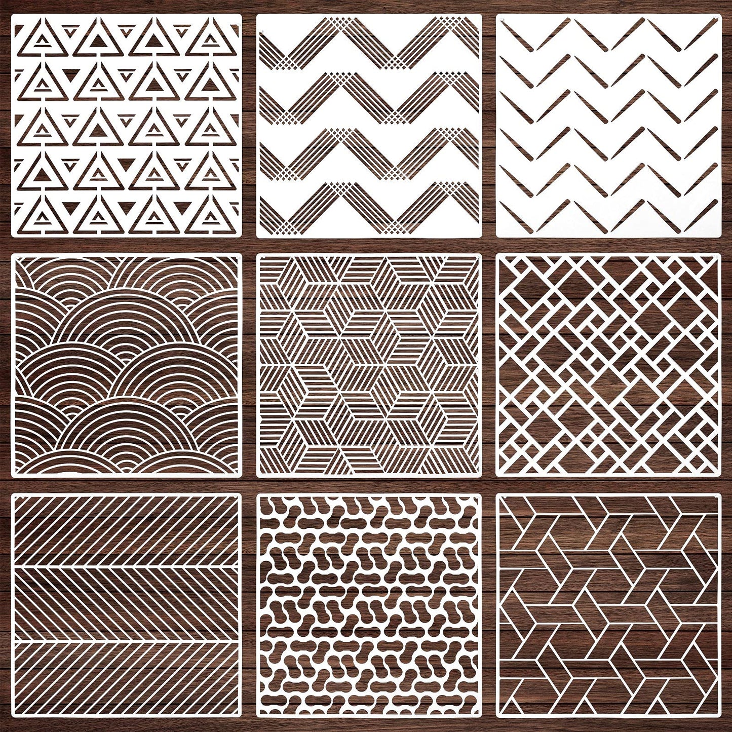 9 Pieces Tile Stencil Set Geometric Wall Stencil Modern Wall Stencil Modern Geometric Tile Template Reusable Wall Template Plastic Drawing Stencils for Ceramic Tile Wood Wall Home Decor (12 x 12 Inch)