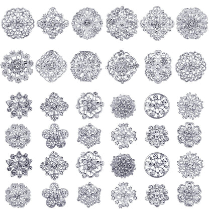 36 Pieces Clear Rhinestone Brooches for Crafts Crystal Flower Brooch Pins with Rhinestones Silver Bulk Brooches Jewelry for Woman Flower Lapel Badge Pins DIY Wedding Bouquet Broaches Kit (Silver)