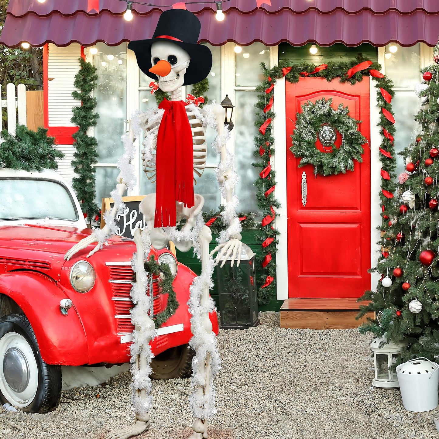 Geyoga 9 Pcs 12 ft Skeleton Christmas Snowman Costume Kit Includes Santa Top Hat, Red Scarf, Carrot Nose 6 Pcs Christmas White Garlands for Skeleton Clothes Accessories Set Winter Party Garden Decor