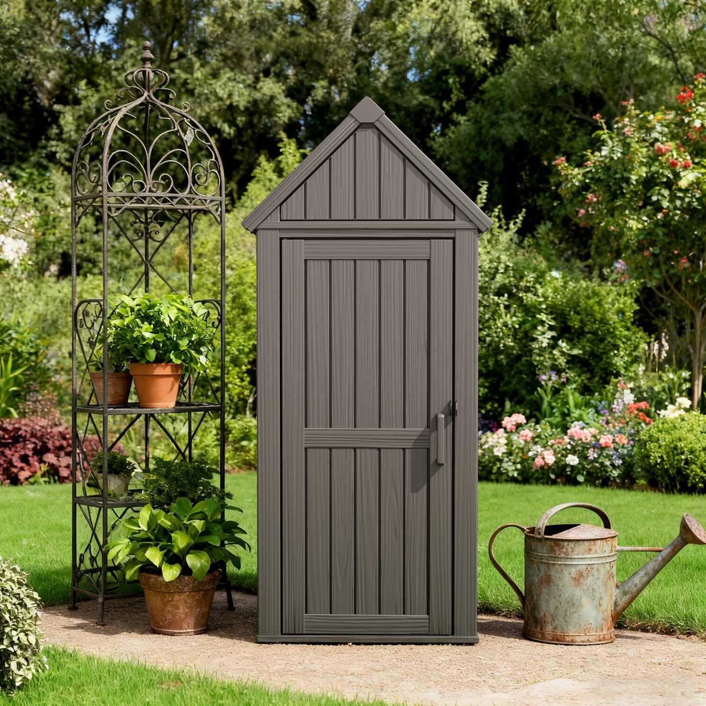 WTFGO Vertical Outdoor Storage Shed, Waterproof Resin Outdoor Storage Cabinet with Removable Shelves & 12 Hooks, Lockable Small Tool Shed for Garden, Backyard, Patio, Pool, Classic Gray