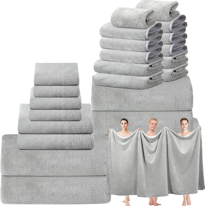 24 Set: 2 4 6 8 4 Mixweer Piece Light Grey Microfiber Absorbent Towel Oversized Bath Sheets, Bath Towels, Hand
