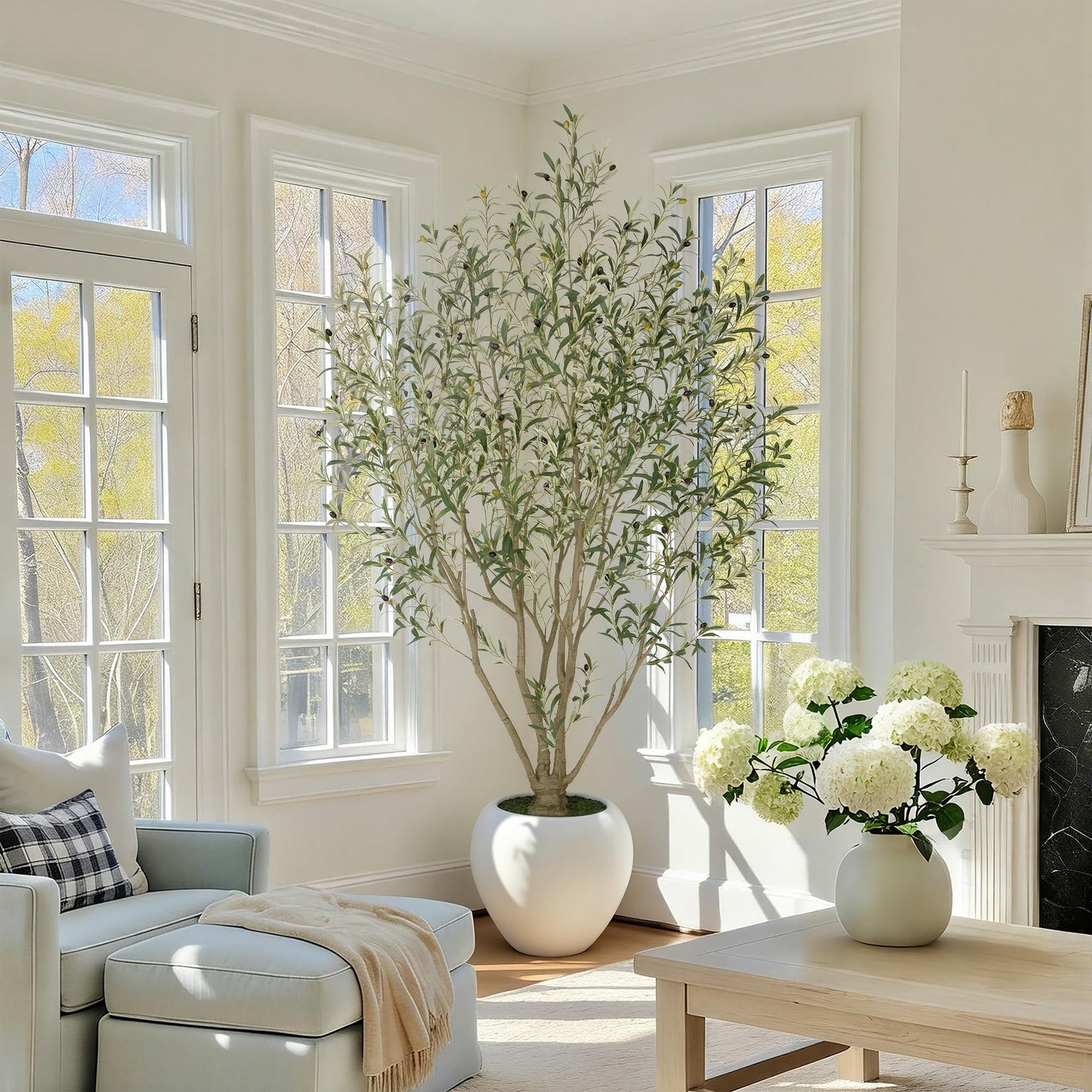 Nafresh 8FT Large Faux Olive Tree with 18.4''Wx16.5''H White Planter & Warm White Spotlight, Olive Trees Artificial Indoor with Multi Branches, Fake Olive Tree for Indoor Outdoor Home Office Decor