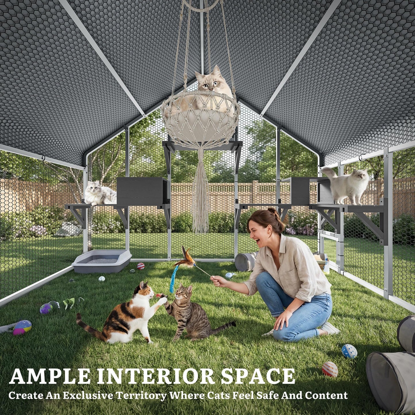 YITAHOME 94 Inch Outdoor Cat Enclosure, Extra Large Outdoor Cat House for Multiple Cats, Metal Cat Cage with Weatherproof Roof, 7 Platforms, 2 Resting Box and Cat Hammock Bed