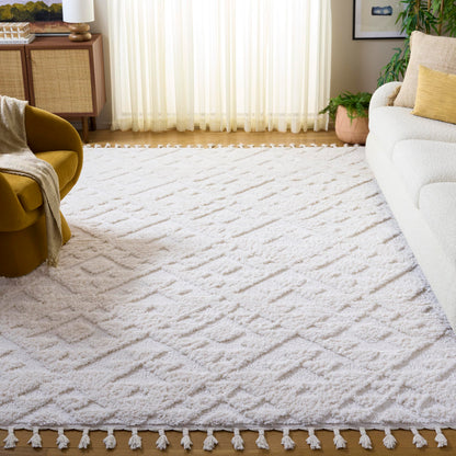 SAFAVIEH Area Rug 8x10 - Moroccan Tassel Shag Collection - Large - Ivory, Non-Shedding & Easy to Clean, Plush High-Low Texture, Ideal for Living Room, Bedroom, Dining Space (MTS688C)