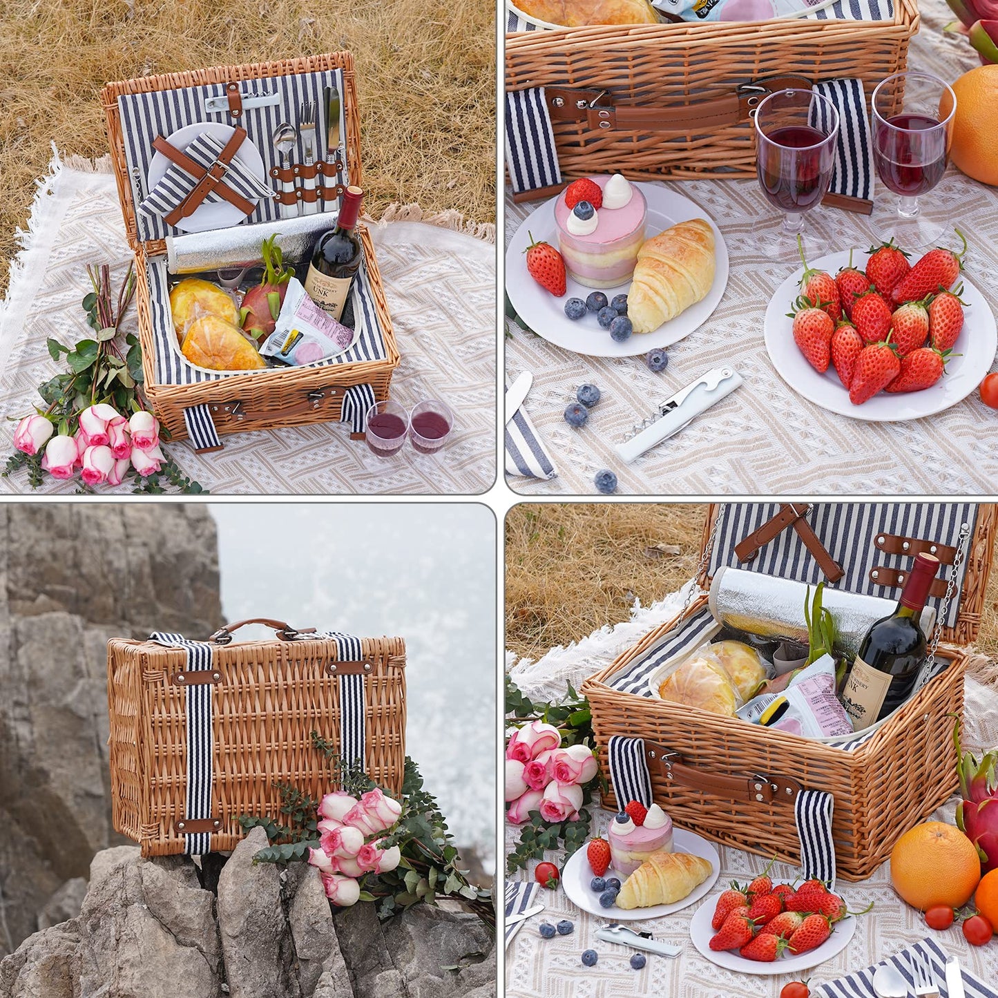 Picnic Basket for 2 Persons,Handmade Wicker Picnic Baskets Set with Insulated Cooler & Cutlery Kit, Gift Basket for Couples,Valentine Day, Thanks Giving, Birthday, Wedding, Outdoor Party