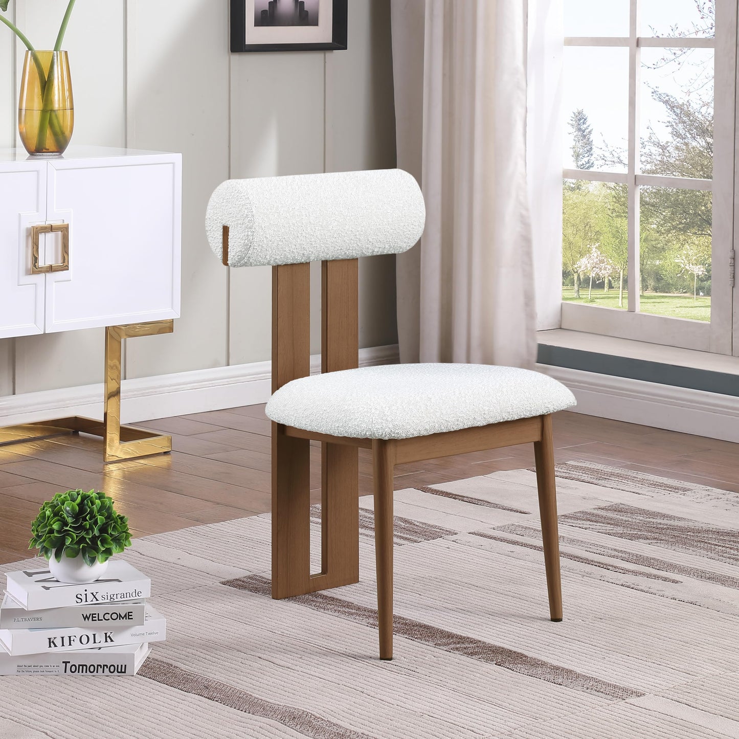 Meridian Furniture 916Cream-C Dario Collection Modern | Contemporary Dining Chair with Rich Cream Boucle Fabric, Dark Walnut Wood Look Metal Frame, 19.5" W x 24.5" D x 33.5" H, Cream, Set of 2