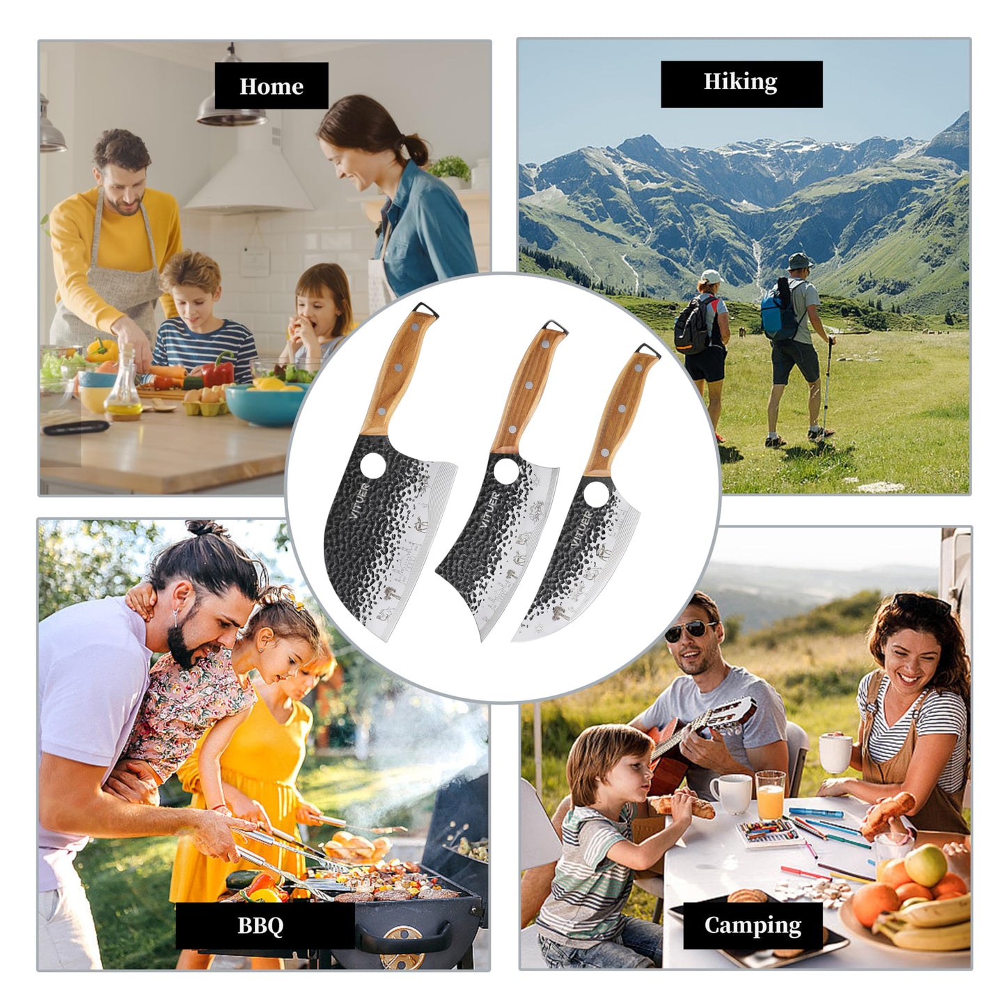3PCS Butcher Knife Set, Hand Forged 7" Butcher Meat Cleaver, 7" Serbian Chef and 6.5" Viking Knife, Great for Indoor & Outdoor (Stylish Pattern Design)