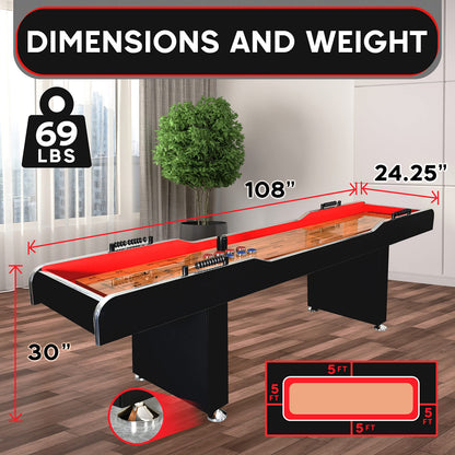 Shuffleboard Table, 9ft Poly Coated Surface, with Accessories, Abacus Style Scoring, Fast Puck Action Play, Indoor and Outdoor Portable Arcade Shuffle Board Game Table for Kids and Adults