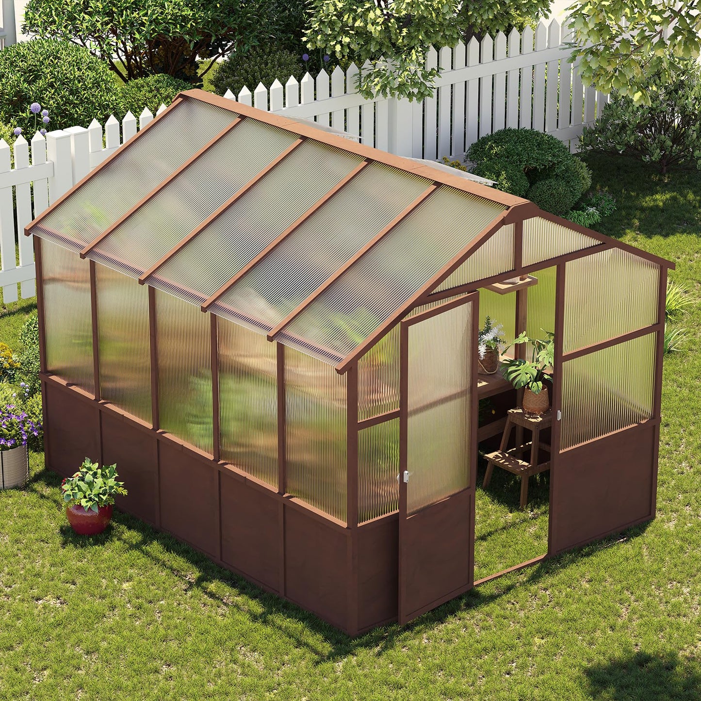 8x10 FT Outdoor Wood Greenhouse, Heavy Duty Solid Pine Wooden Walk-in Green House with 6MM Thick Polycarbonate Panels, Adjustable Roof Vents and Lockable Door, Garden House for Backyard Patio Lawn