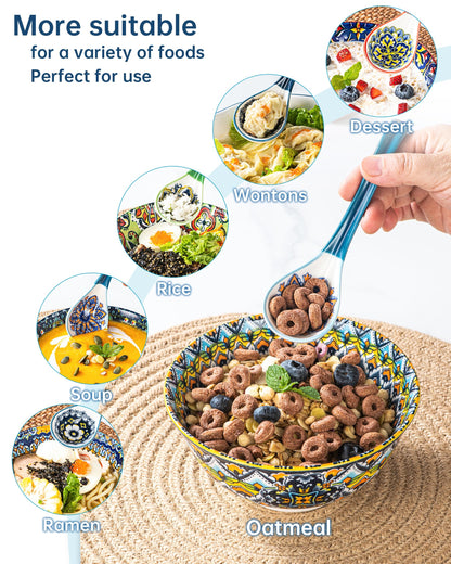 Asian Soup Spoon Set of 6 – Boho Ceramic Ramen Spoon with Long Handle, Deep Soup Spoons for Japanese Ramen, Pho, Dumplings, Miso, Wonton – Dishwasher Safe