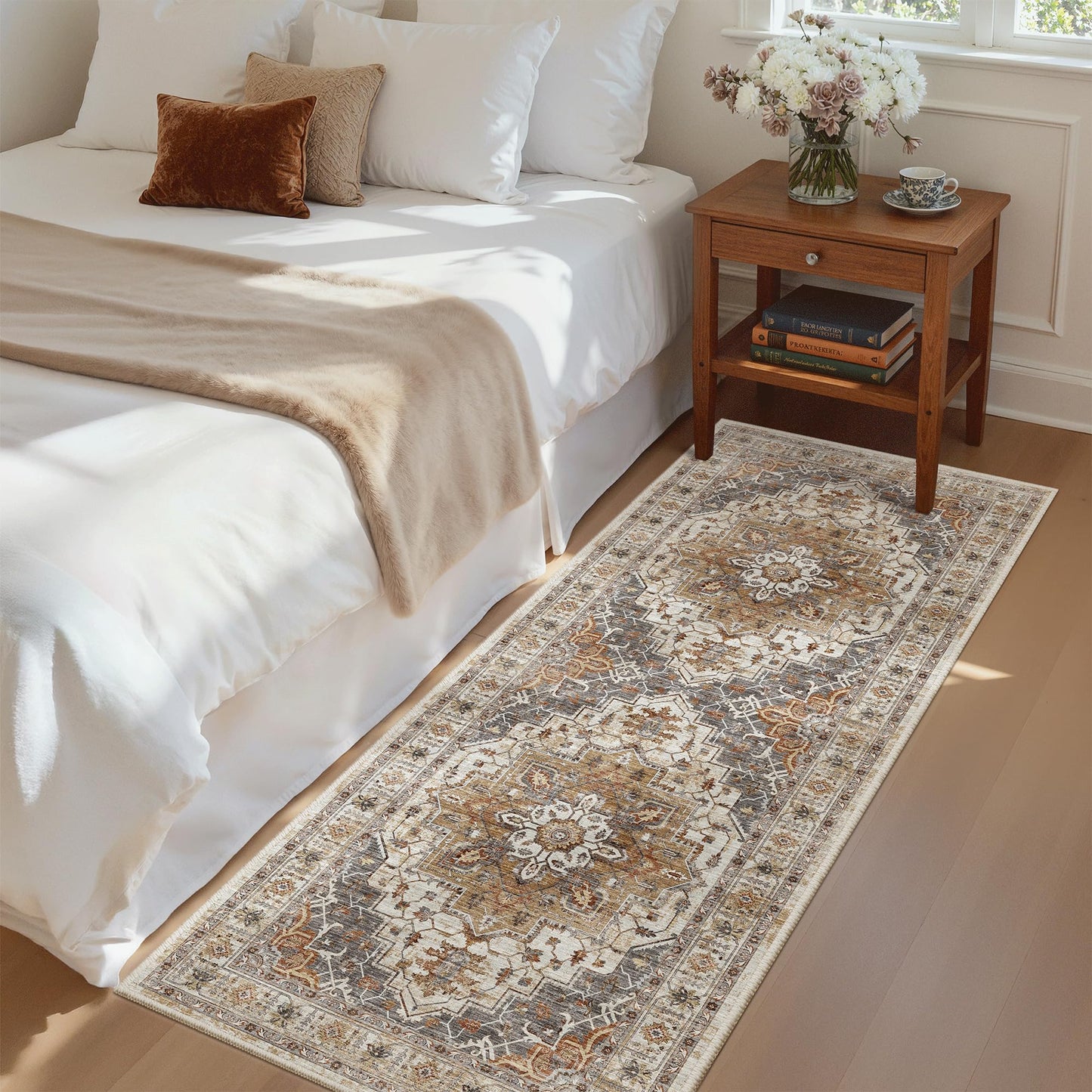 Madane Washable Runner Rug - 2x6 Rug Runners for Hallways 6 Feet Non Slip Vintage Kitchen Runner Rug Ultra-Thin Bathroom Runner Rugs Carpet Laundry Room Bedroom (2x6ft, Turmeric/Grey)
