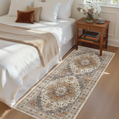 Madane Washable Runner Rug - 2x6 Rug Runners for Hallways 6 Feet Non Slip Vintage Kitchen Runner Rug Ultra-Thin Bathroom Runner Rugs Carpet Laundry Room Bedroom (2x6ft, Turmeric/Grey)