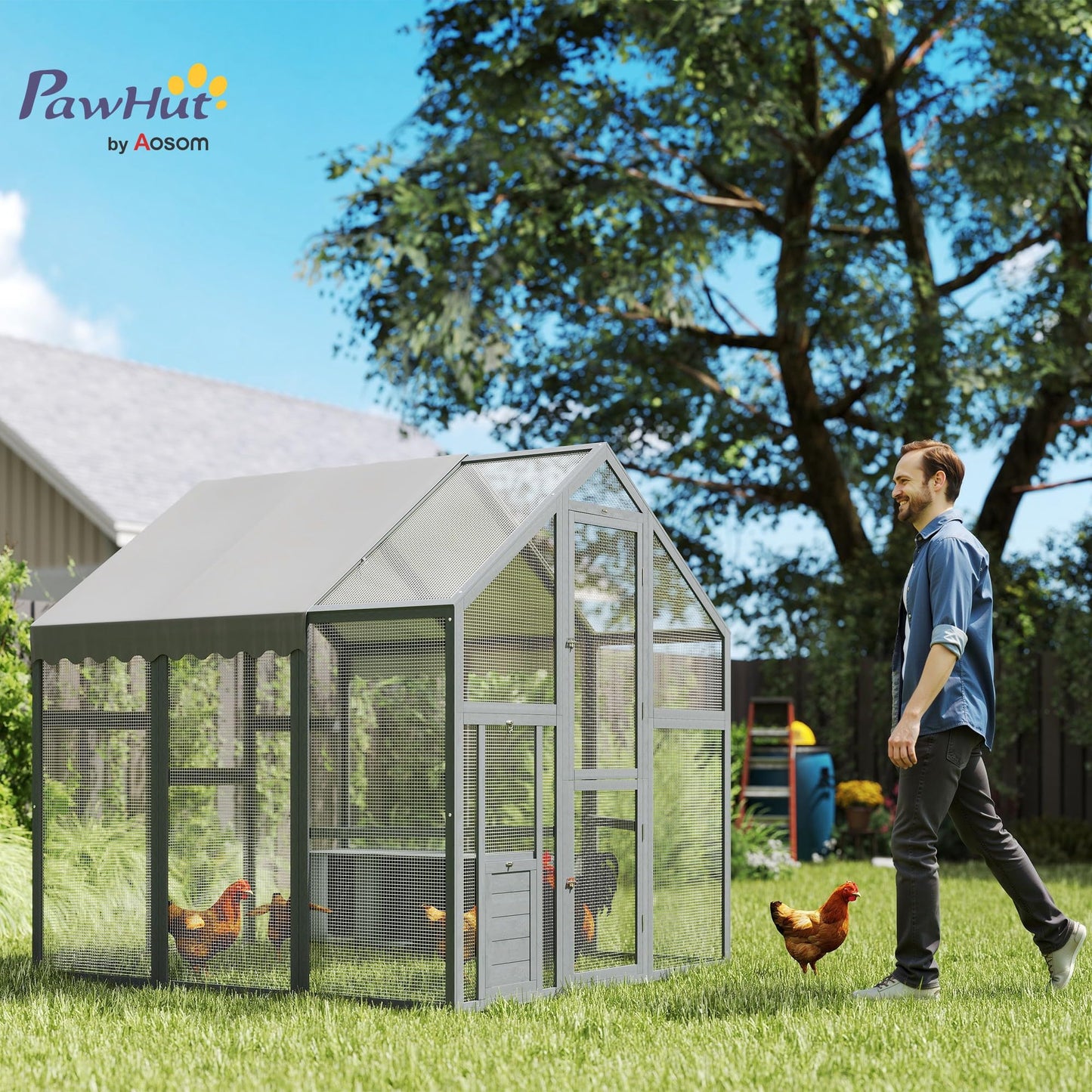 PawHut Large Wooden Chicken Coop for 6-8 Hens, Walk-in Chicken Run with Waterproof Cover, Nesting Boxes and Perches, Outdoor Poultry Cage Rabbit Hutch for Backyard, 66" x 72" x 72", Gray