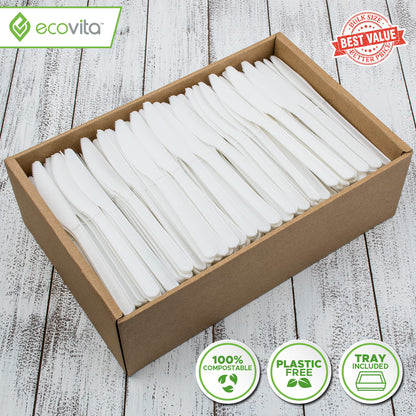 Ecovita 100% Compostable Knives - 500 Large Disposable Utensils (7 in.) Bulk Size Eco Friendly Durable and Heat Resistant Alternative to Plastic Knives with Convenient Tray