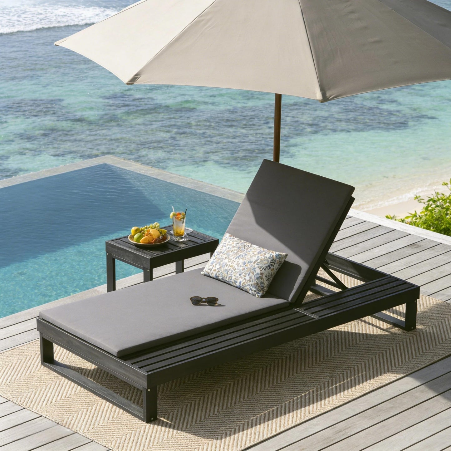 Merax Black Acacia Wood Chaise Lounge with 1.57-Inch Dark Gray 2-Fold Cushion Set, 4-Position Adjustable with Flat Side Surface, for Poolside